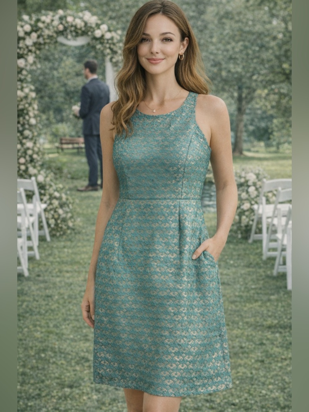 J. Taylor Women's Turquoise Lace Dress with Tan Underlay Size 14 Cocktail Party